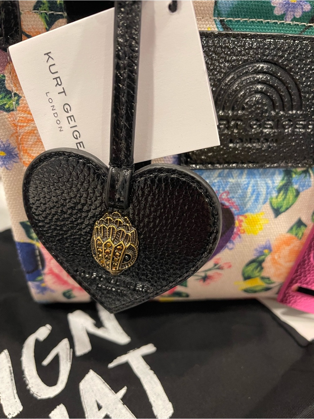 Kurt Geiger Floral Mini Tote with Pink LOVE Tag and Black Heart Charm NWT - Picture 3 of 9